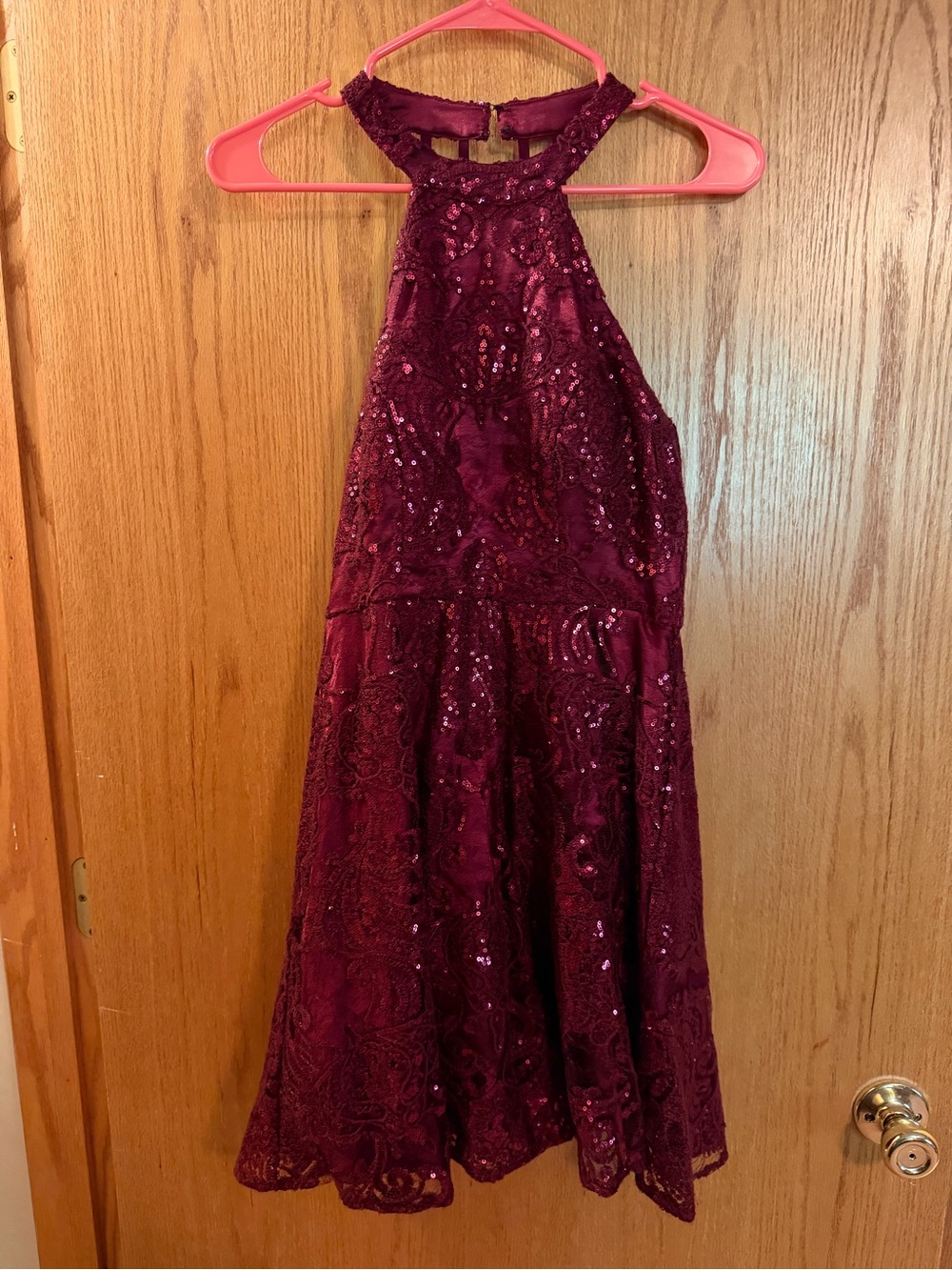 Burgundy Sequin Lace Halter Dress
